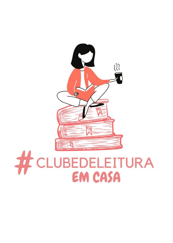logo do clube de leitura em casa, uma garota sentada em livros, pernas cruzadas, livros em uma mão e café em outra